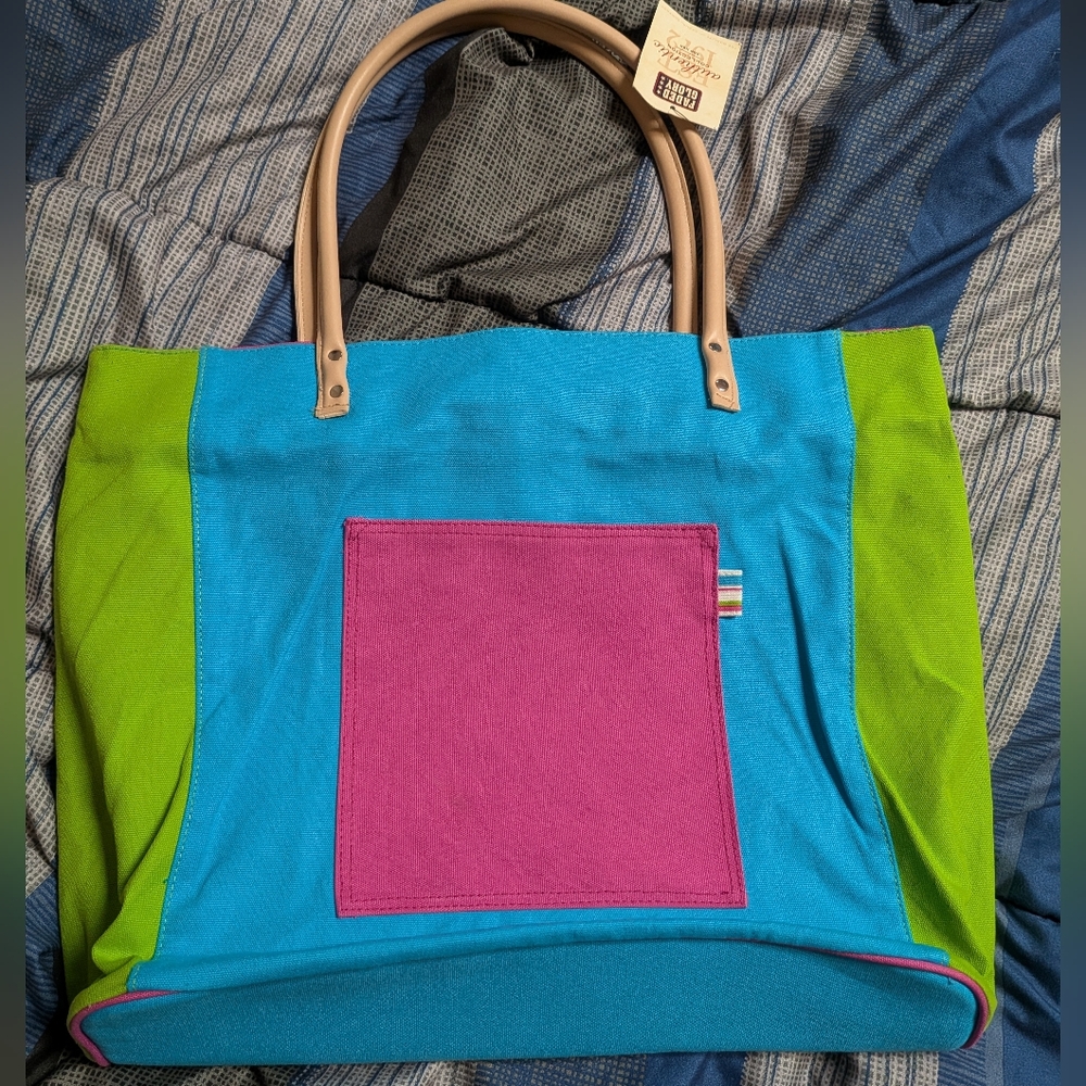 Faded Glory Colorblock Canvas Tote Bag in Turquoise, Pink & Lime For Her